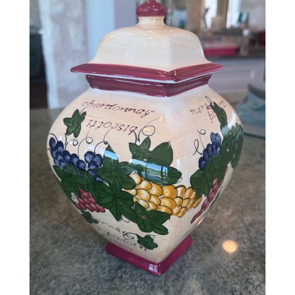 Nonni's Biscotti Jar Hand Painted Grape Ceramic Lidded Tuscan Kitchen Decor
